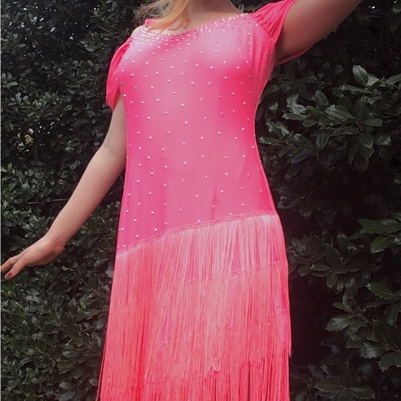 Hot Pink Contemporary Dance Costume with Fringe and Rhinestones - Picture 3 of 5